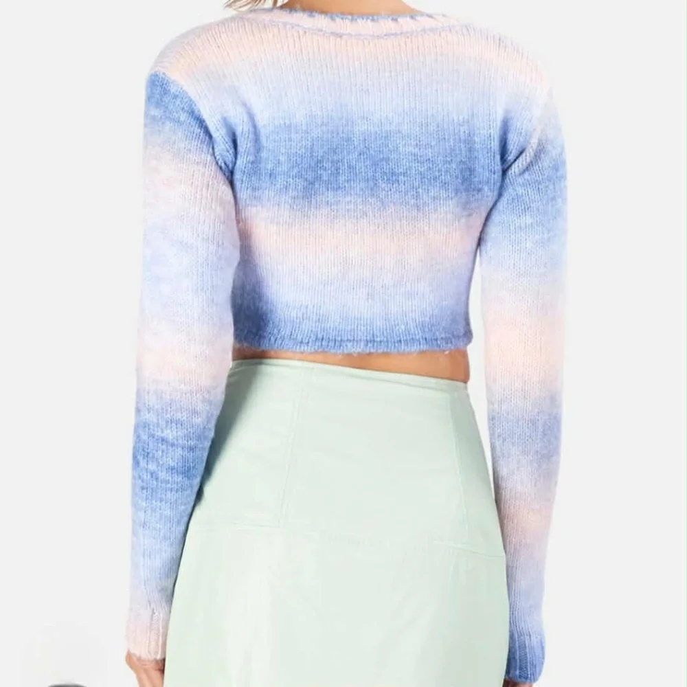 For Love And Lemons NWT Celeste Twist Knot Cropped Cotton Candy Pastel Sweater M - Picture 3 of 12